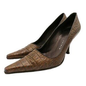 Martinez Valero Womens 7.5 Brown Leather Embossed Croc Pointed High Heel Pumps